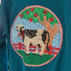 Vintage Jerzees Teal Men's Sweater with Cow Design